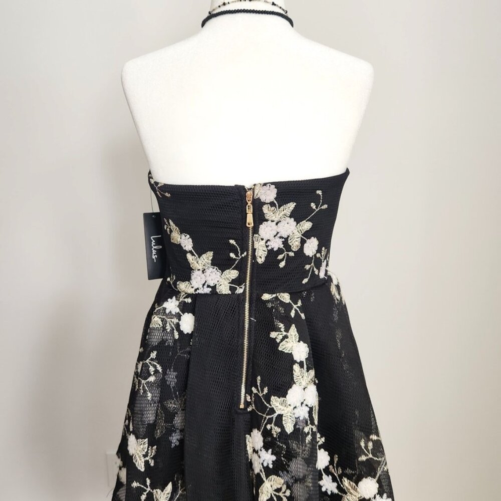Lulus How Sweet Black Embroidered Strapless Mesh Tiered Mini Dress Small NWT - Picture 8 of 16